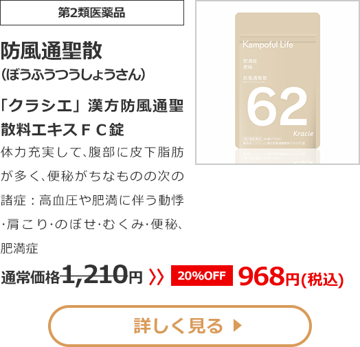 【第2類医薬品】防風通聖散(ぼうふうつうしょうさん)「クラシエ」漢方防風通聖散料エキスＦＣ錠体力充実して､腹部に皮下脂肪が多く､便秘がちなものの次の諸症：高血圧や肥満に伴う動悸･肩こり･のぼせ･むくみ･便秘､肥満症通常価格1210円　>>【20%OFF】968円（税込）