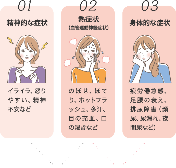 01精神的な症状(イライラ、怒りやすい、精神不安定など)、02熱症状(のぼせ、ほてり、ホットフラッシュ、多汗、口の渇きなど)、03身体的な症状(疲労倦怠感、足腰の衰え、排尿障害)。同じように熱症状がみられても、精神的な症状がつらい方には加味逍遙散がおすすめ。疲れやすくなった、エイジングに伴う身体変化が気になる方には知柏地黄丸がおすすめ！