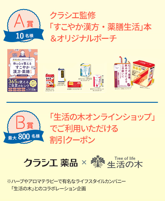 A賞【クラシエ監修「すこやか漢方・薬膳生活」本＆オリジナルポーチ】10名様、B賞【「生活の木オンラインショップ」でご利用いただける割引クーポン】最大800名様 ※ハーブやアロマテラピーで有名なライフスタイルカンパニー「生活の木」とのコラボレーション企画