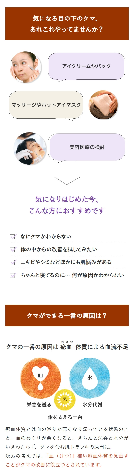 気になりはじめた今、こんな方におすすめです。・なにクマかわからない、・体の中からの改善を試してみたい、・ニキビやシミなどほかにも肌悩みがある、・ちゃんと寝てるのに… 何が原因かわからない、【クマができる一番の原因は？】クマの一番の原因は瘀血（おけつ）体質による血流不足。瘀血体質とは血の巡りが悪くなり滞っている状態のこと。血のめぐりが悪くなると、きちんと栄養と水分がいきわたらず、クマを含む肌トラブルの原因に。漢方の考えでは、「血（けつ）」補い瘀血体質を見直すことがクマの改善に役立つとされています。